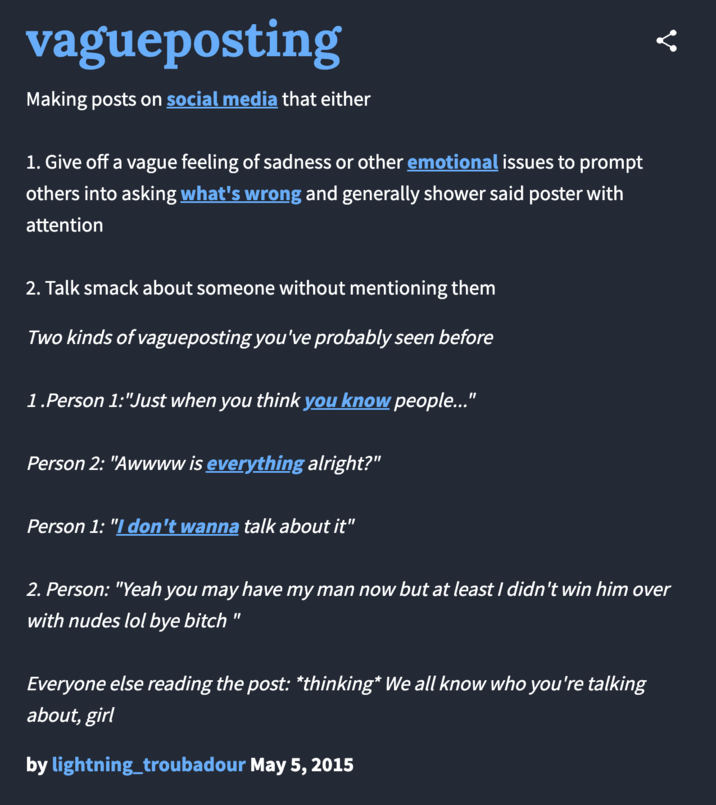 Urban Dictionary definition of Vagueposting
